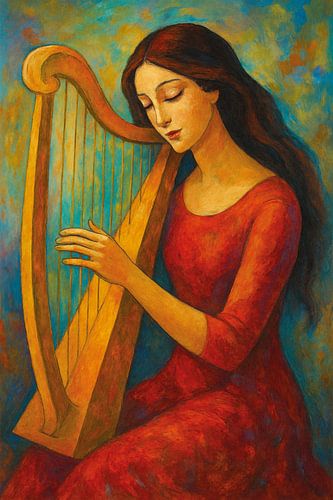 Een geometrisch schilderij van een harpist.