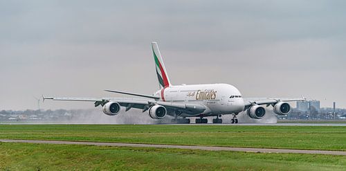 An Emirates Airbus A380 has landed at Schiphol Airport.