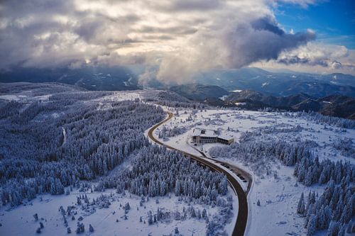 Sun over the winter landscape of the Black Forest at the Black Forest High Road Hotel Schliffkopf