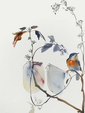 Stilleben mit einem Vogel im Wabi-Sabi-Stil von Japandi Art Studio