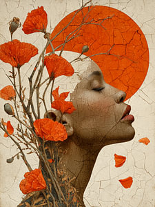 Frau mit Mohnblumen und orangefarbener Sonne – Verträumte botanische Wandkunst
