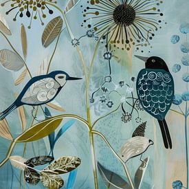 Hippe Illustration, Landschaft mit botanischen Elementen und Vögeln von Studio Allee