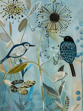 Illustration de la hanche, paysage avec des éléments botaniques et des oiseaux sur Studio Allee