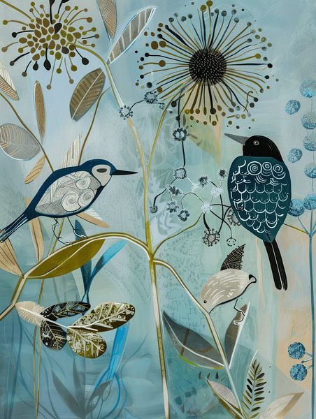 Hip illustration, landscape with botanical elements and birds by Studio Allee
