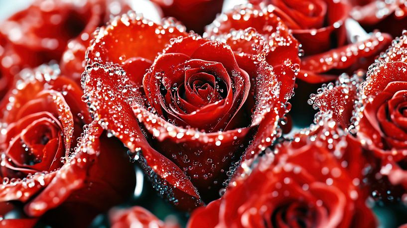 Red roses with glittering water droplets by Frank Heinz