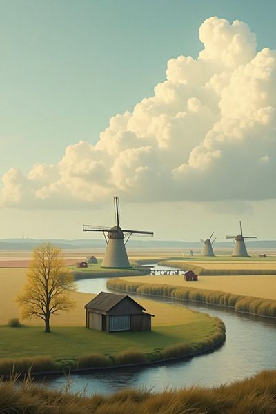 Niederländische Polderlandschaft mit Mühlen und Grachten von Kleurenrijk