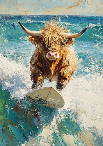 Hooglandse koe op de surfplank