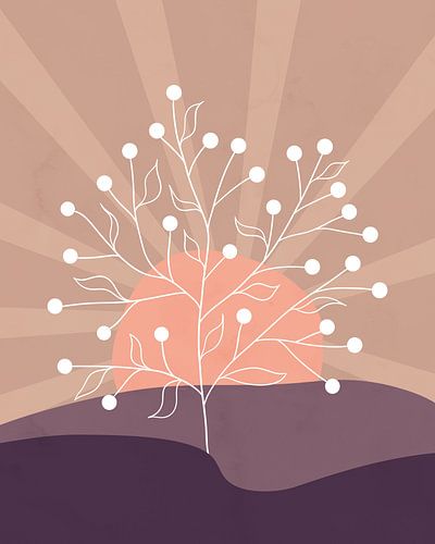 Minimalistische Landschaft mit einem Baum und Retro-Sonnenstrahlen