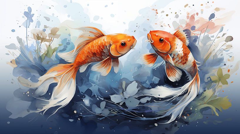 magnifiques poissons Koi dans un étang en design d'art aquarelle par Animaflora PicsStock