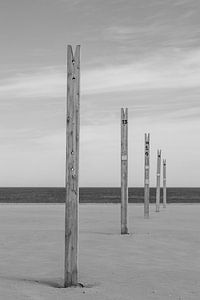 Hölzerne Pfähle am Strand von Valencia