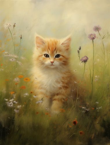 Chaton orange dans un pré fleuri