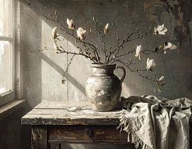 Stone vase with branches and magnolia flowers by Emiel de Lange