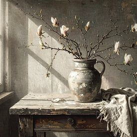 Stone vase with branches and magnolia flowers by Emiel de Lange
