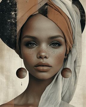 Contemporary art portrait in earth tones, collage style by Carla Van Iersel