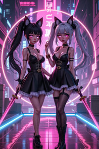 Dark Fantasy Anime Cyberpunk Wall Art: KYRATHIXA – Two Sexy Anime Foxy Girls with Their Swords in th