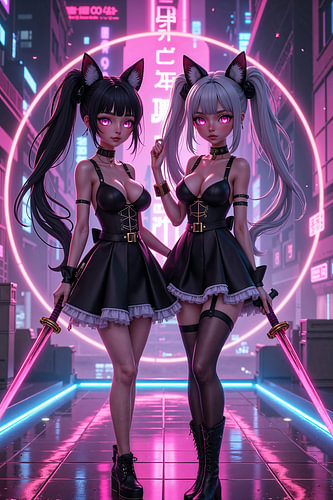 Dark Fantasy Anime Wandbild: KYRATHIXA – Zwei sexy Anime Foxy Girls mit ihren Schwertern in der Cyberpunk City