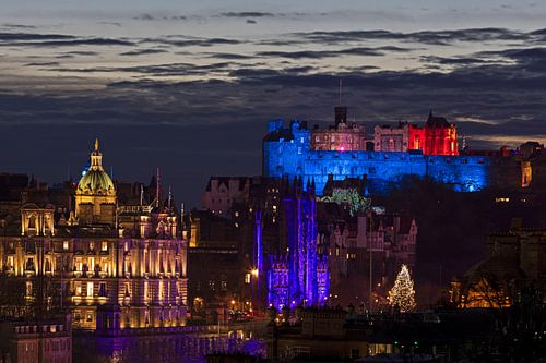 Edinburgh Castle and city centre illuminations, Scotland, UK 