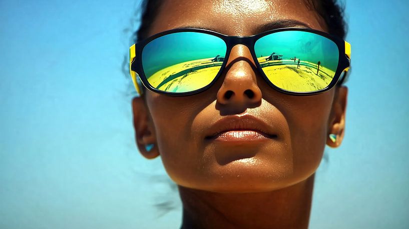 Sunglasses reflect beach holiday by Frank Heinz