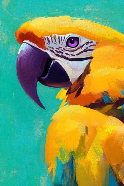 Colourful parrot head in front of aqua background by Poster Art Shop
