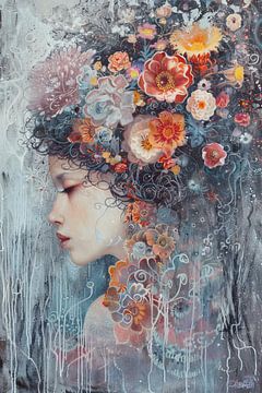 Vrouwenportret | Whispering Florals van Abstract Schilderij