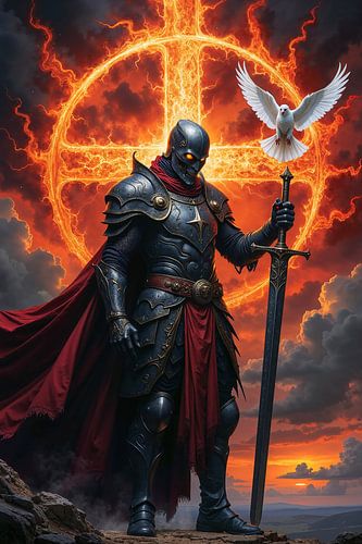 Dark Fantasy Gothic Wall Art: PYRACRON - The Knight of the Burning Fire Before a Cross