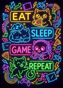 Eat Sleep Game Repeat Gaming Cats in Neon Lights