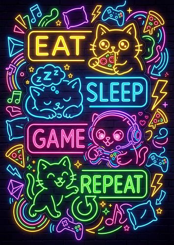 Eat Sleep Game Repeat Gaming Cats in Neon Lights