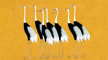 Japanse kraanvogels op gele textuur van Mad Dog Art