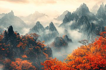 Autumnal mountain landscape in the fog by Poster Art Shop