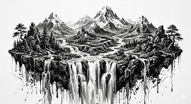 Surrealistische waterval op een drijvend bergeiland van Éloi Beaumont
