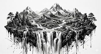 Surreal Floating Mountain Island Waterfall