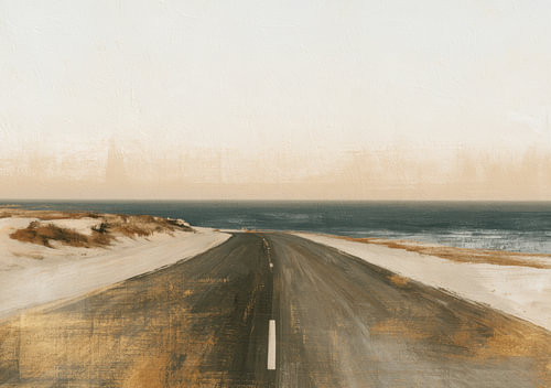 Ewige Weite – Straße zum Ozean mit goldenem Sand und blauem Wasser