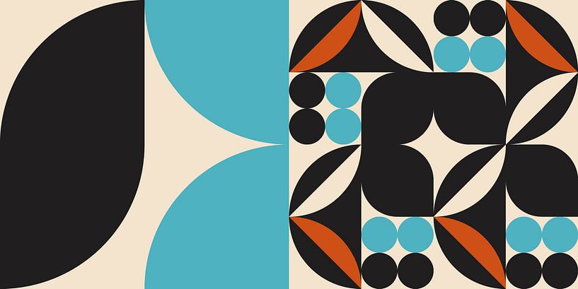 Retro-Geometrie mit Kreisen und Streifen in Blau, Schwarz, Weiß, Terra von Dina Dankers