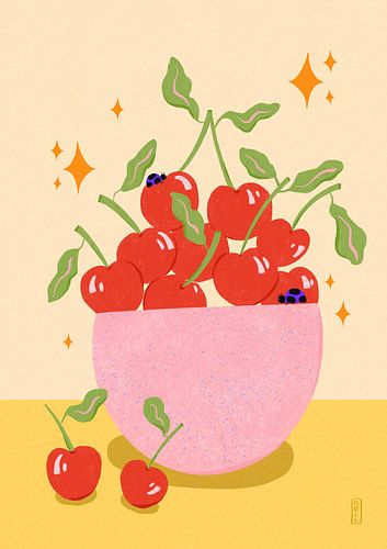 Bol de cerises Illustration cuisine rétro