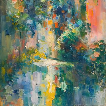 Impressie Landschap Schilderij | Dancing Lights in Nature's Palette van Kunst Kriebels