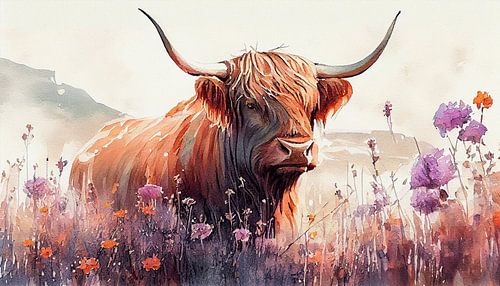 Highlander écossais parmi les fleurs