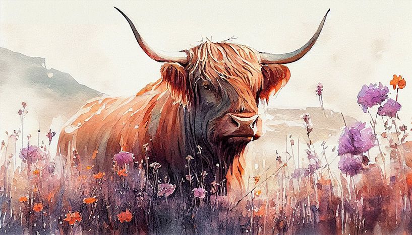 Schottischer Highlander inmitten von Blumen von But First Framing