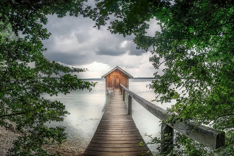 Romantic jetty with boathouse on a lake in Bavaria by Voss Fine Art Fotografie