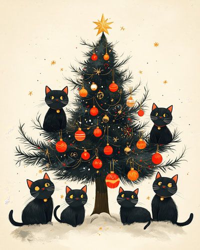 Feestelijke katachtigen en de kerstboom