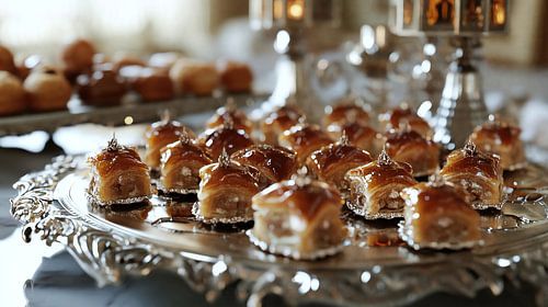 Glimmende baklava op een zilveren dienblad