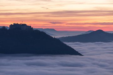 Hohenneuffen Castle - Sunset with sea of fog on the Beuren rock