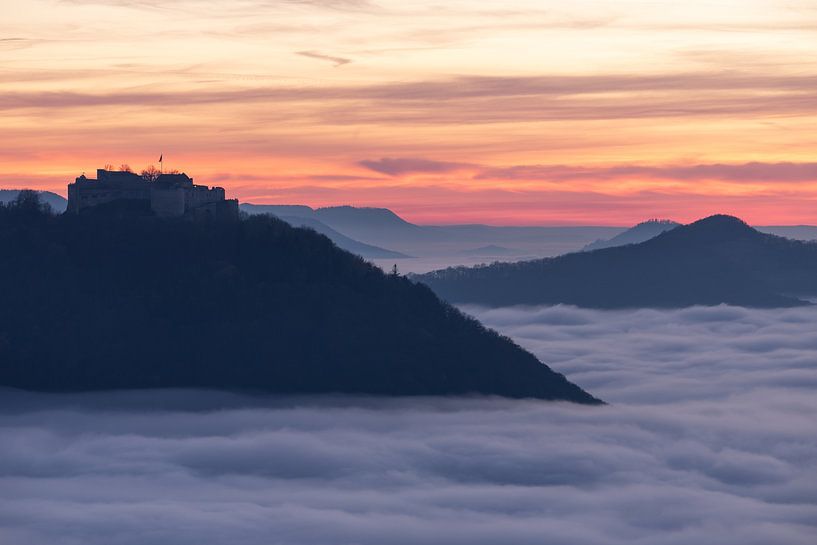 Hohenneuffen Castle - Sunset with sea of fog on the Beuren rock by Jiri Viehmann