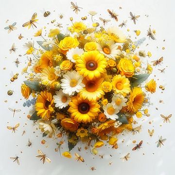 Geel boeket bloemen met insecten van Digital Art Nederland