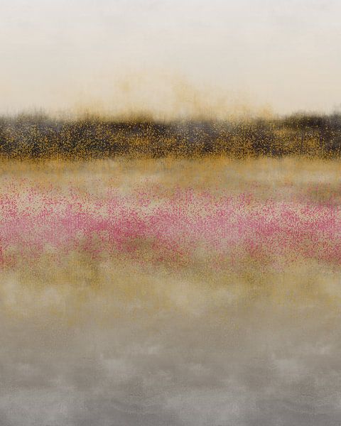 Abstrakte minimalistische Landschaft in Grau, Gelb, Rosa und Braun. von Dina Dankers