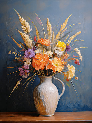 Sfeervol stilleven van droogboeket met oranje en paarse bloemen in stenen kruik.
