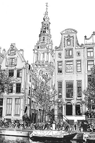Zuiderkerk Aquarel Tekening Kloveniersburgwal 50 Amsterdam Pentekening Lijntekening