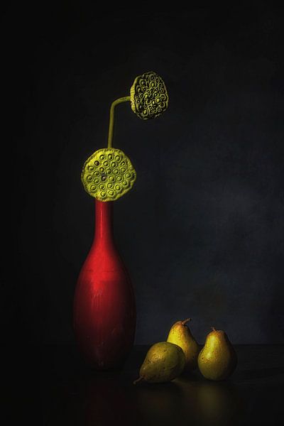 Simply red . Awarded Stil leven met peren, lotusstempels en rode vaas van Saskia Dingemans Awarded Photographer