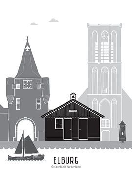 Skyline illustratie stad Elburg in kleur van Mevrouw Emmer