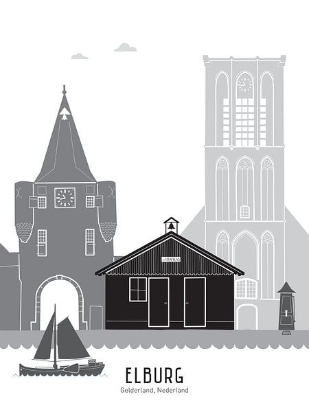 Skyline illustration city of Elburg in colour by Mevrouw Emmer