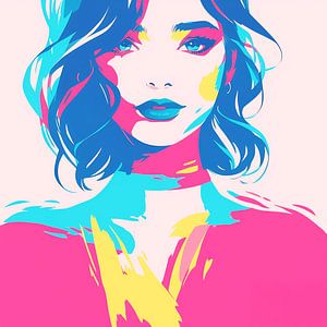 Bunte abstrakte Frau Porträt - Pop-Art-Gemälde in rosa, blau und gelb